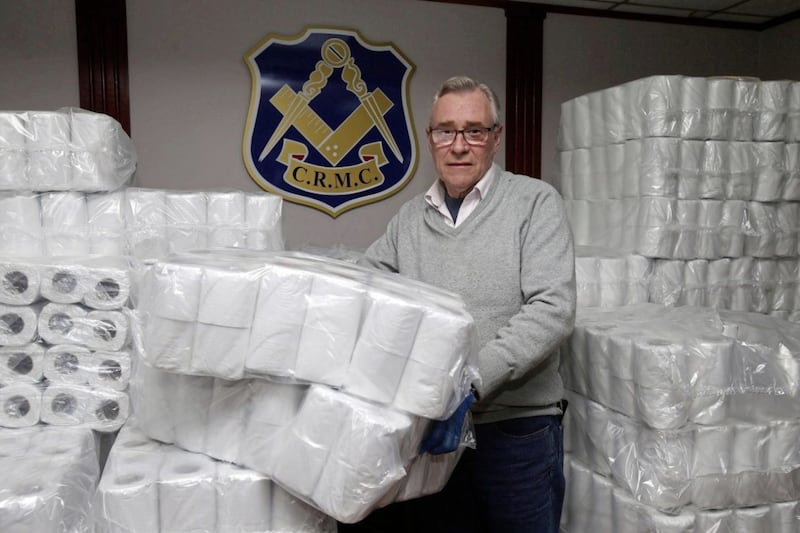 Leslie Weir from Crumlin Road Masonic Hall with toilet rolls being distributed in the Falls and Shankill areas of Belfast. Picture by Mal McCann 