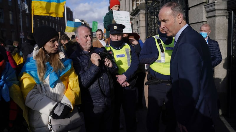 Taoiseach Micheal Martin meets people attending a demonstration outside Leinster House in Dublin to protest the Russian invasion of their country. Picture by Brian Lawless/PA Wire&nbsp;