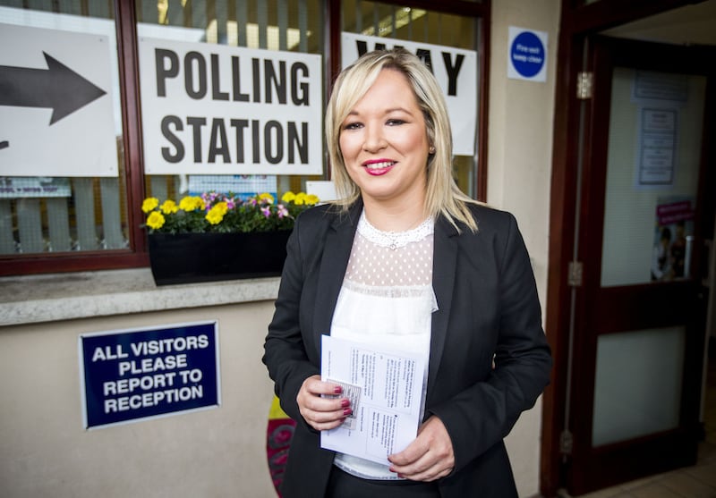 Sinn Fein leader in Northern Ireland Michelle O'Neill arrives at a polling station at St Patrick's primary school in Annaghmore, Clonoe to cast her vote in the General Election. PRESS ASSOCIATION Photo. 