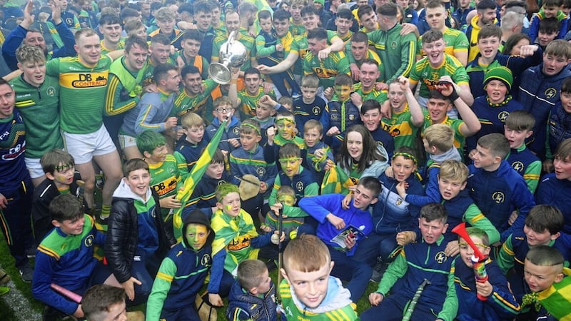 Dunloy celebrate their fourth title in a row and 16th in their history Picture: Mark Marlow. 