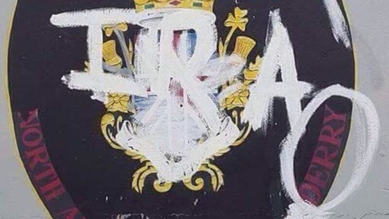 &nbsp;<span style="font-family: Arial, sans-serif; ">Pro-IRA slogans were daubed on unionist Siege of Derry murals in the city's Waterside.</span>