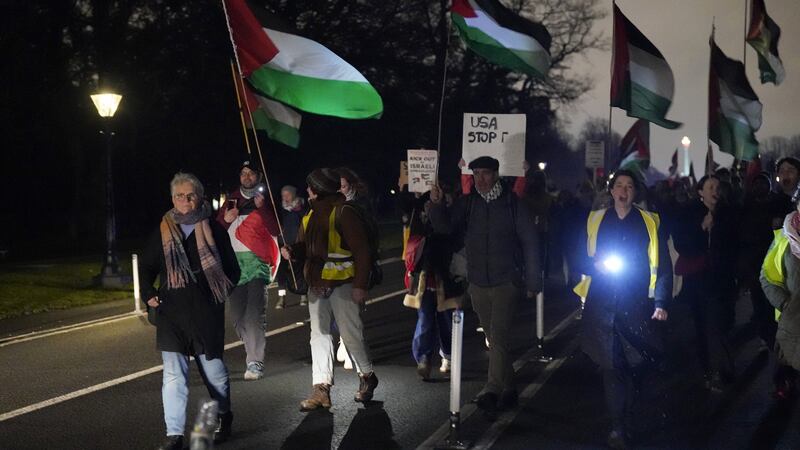 Pro-Palestinian groups take part in a protest at the US ambassador’s residence in Phoenix Park, Dublin