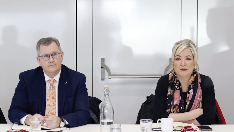 DUP leader Sir Jeffrey Donaldson and Sinn F&eacute;in&#39;s Michelle O&#39;Neill ahead of a meeting a year ago at Erskine House in Belfast in an attempt to resolve issues at Stormont 