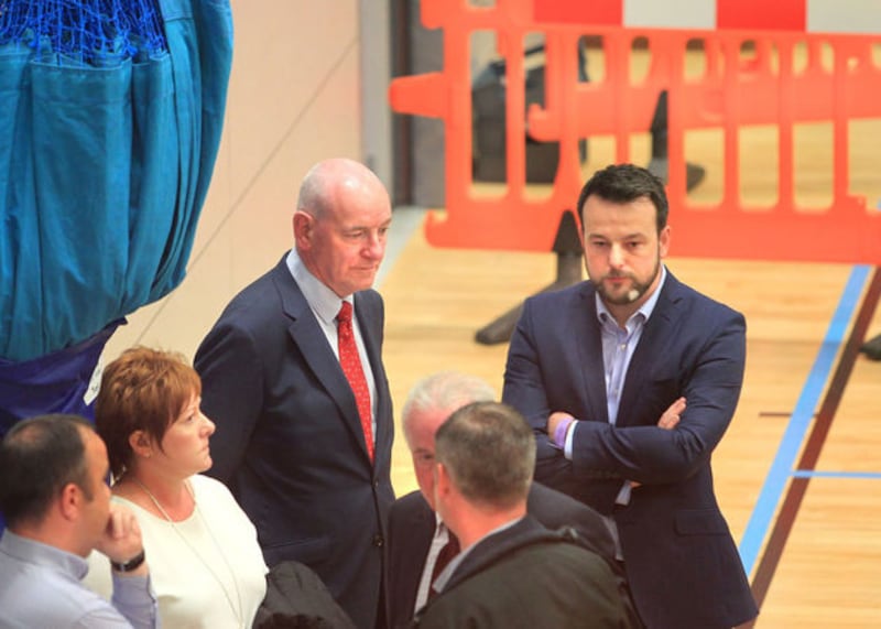 &nbsp;<span style="font-family: Arial, sans-serif; ">SDLP candidate Mark Durkan and party leader Colum Eastwood pictured just after getting the final result during the General Election count for Foyle. Picture from Margaret McLaughlin.&nbsp;</span>