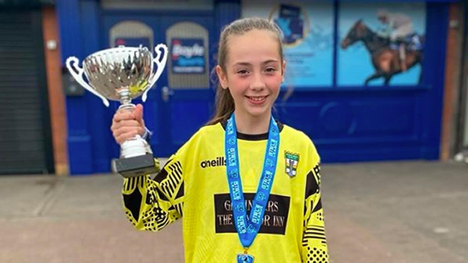 Sample caption: Although goalie Sophia Dawson (12) has epidermolysis bullosa simplex – a severe form of the incurable genetic skin condition also known as ‘butterfly skin’ – and plays with painful blisters on her feet, she was named players’ player of the year by her Donacarney Celtic Under 12s teammates after she helped her side win the Metropolitan Girls League Division A.