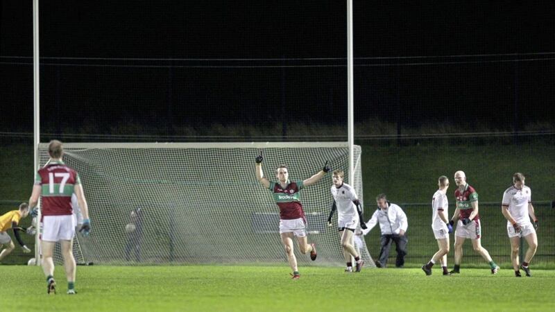 Liam McGoldrick celebrates after kicking Eoghan Rua&#39;s winner against defending Derry and Ulster champions Slaughtneil on Wednesday night. Picture by Margaret McLaughlin 