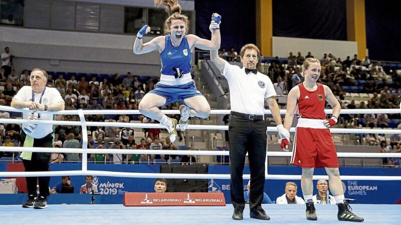 Ireland&#39;s Michaela Walsh celebrates beating Germany&#39;s Omella Warner in her women&#39;s featherweight quarter-final during day six of the European Games 2019 in Minsk 