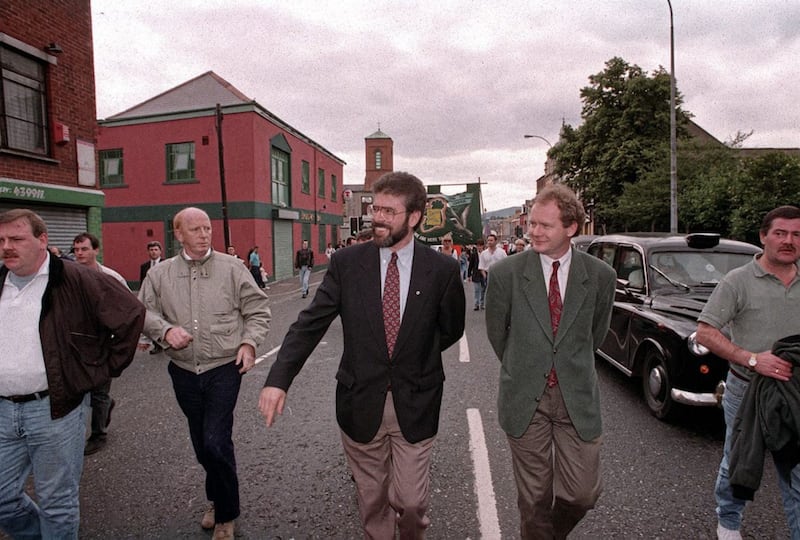 Gerry Adams and Martin McGuinness at Connolly House addressing the media about the IRA ceasefire. Picture by Pacemaker 