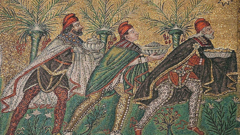 Byzantine art usually depicts the Magi in Persian clothing, as in this mosaic, dated at around 565, in the Basilica of Sant&#39;Apollinare Nuovo in Ravenna, Italy. In the mosaic, the Magi are given the names Balthasar, Melchior and Caspar - thought to be the earliest example of these three names being assigned to the Magi in Christian art 