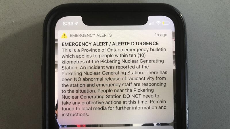 An initial early morning emergency message popped up on the screens of mobile phones throughout Ontario.