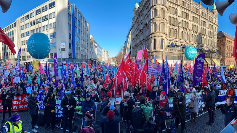 Public sector workers during a strike in Belfast in January