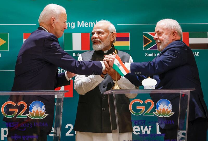 US president Joe Biden, left, Indian prime minister Narendra Modi, centre, and Brazilian president Luiz Inacio Lula da Silva