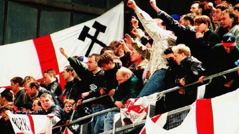 England fans pictured before a riot breaks out at the friendly game with the Republic of Ireland at the Lansdowne Road stadium in Dublin on February 15 1995. Rioting England fans forced the match to be abandoned after 27 minutes.