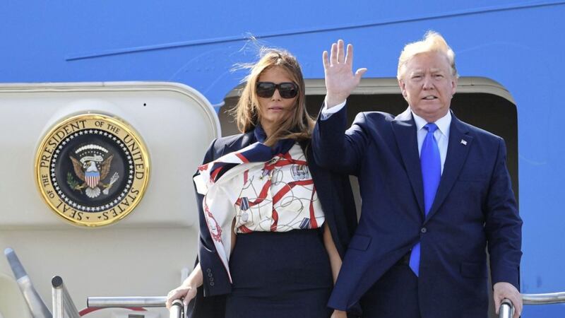 US president Donald Trump and his wife Melania arrive at Stansted Airport in Essex, aboard Air Force One for the start of his three-day state visit to the UK Picture by Joe Giddens/PA 