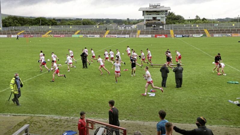 Tyrone players race from the bench after their team photo before taking on Fermanagh in the Ulster Minor Football Championship semi-final played at Healy Park, Omagh on Saturday August 7, 2021 Picture: Margaret McLaughlin. 
