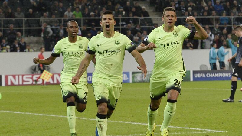 Manchester City's Sergio Aguero (centre) celebrates scoring the winner against Borussia Monchengladbach in their Champions League clash on Wednesday<br />Picture: PA