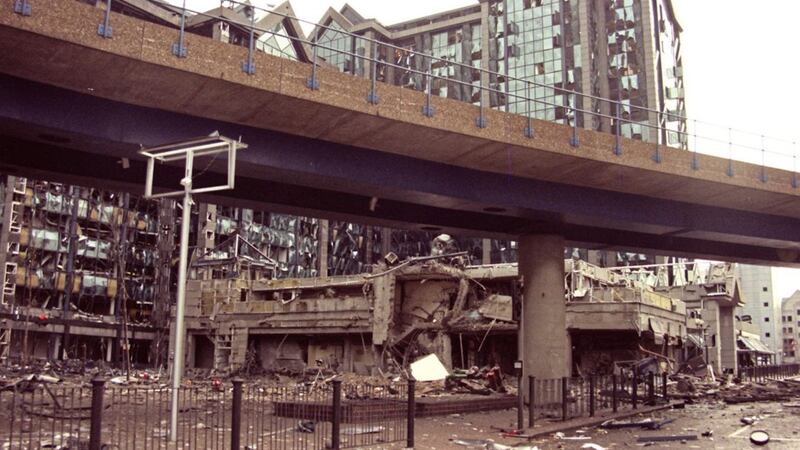 The aftermath of the 1996 Docklands bombings in London. Picture by David Giles/PA Wire 