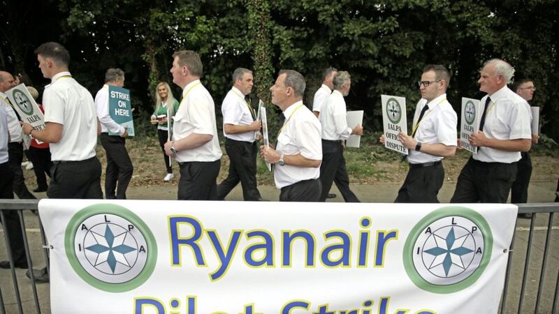 Ryanair pilots picket outside Dublin Airport during strike action in July. Picture by Brian Lawless, Press Association 