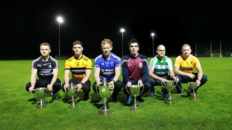 At the launch of the AIB Ulster Club Championships at Slaughtneil last night are, left to right, Eugene Kearns (Aghadrumsee, junior football); James McAuley (St Enda&rsquo;s, intermediate football); Mark Duffy (Scotstown, senior football); Sean Cassidy (Slaughtneil, senior hurling), Eugene McGuckin (Swatragh, intermediate hurling); and Liam McParlan (Clonduff, junior hurling)&nbsp;Picture by Margaret McLaughlin