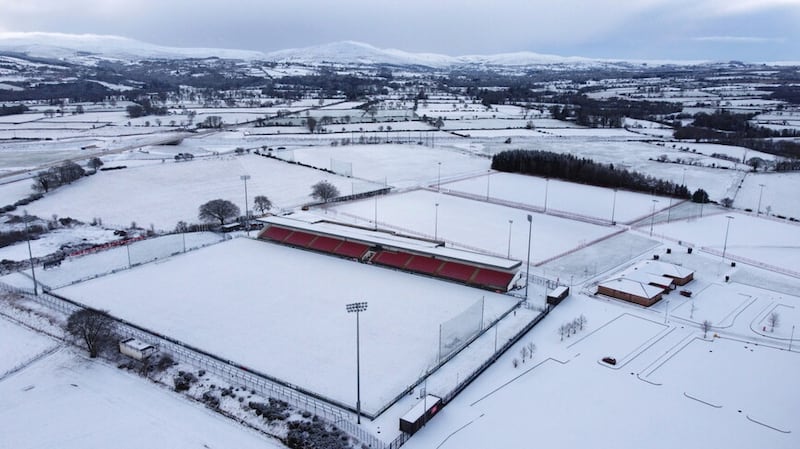 The Derry GAA Centre of Excellence at Owenbeg outside Dungiven in Co-Derry under a blanket of snow on Tuesday as much of the north west of Northern-Ireland was hit by severe conditions. Picture Margaret McLaughlin 