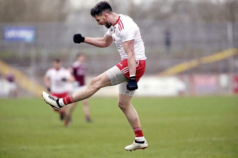 Mattie Donnelly celebrates after scoring a goal in Tyrone&#39;s National League win over Galway. His move further forward was key to the Red Hands&#39;s upturn in fortunes. Picture by Seamus Loughran 