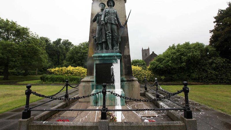 Paint attack on Larne War Memorial. Picture by Ann McManus&nbsp;