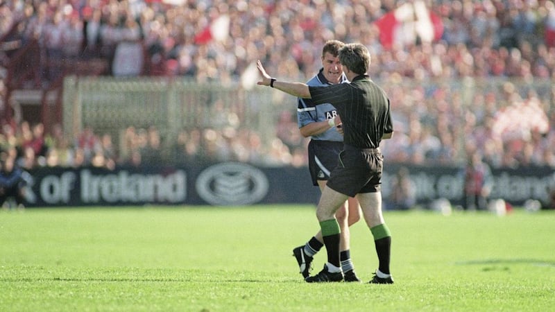 At the second time of asking, referee Paddy Russell gives Charlie Redmond his marching orders during the second half of the 1995 All-Ireland final. Picture by Sportsfile 