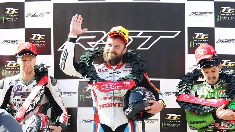 Bruce Anstey celebrates winning the Superbike TT on the Isle of Man 