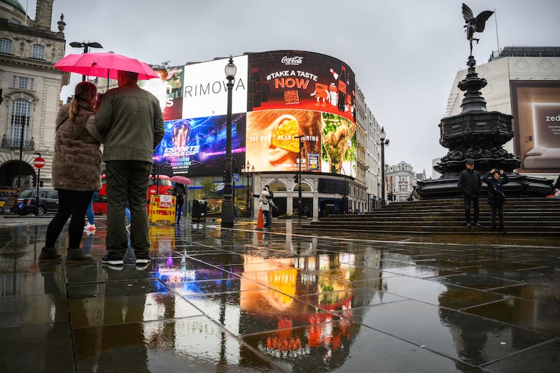 Wet weather in Piccadilly Circus, London in November 2023