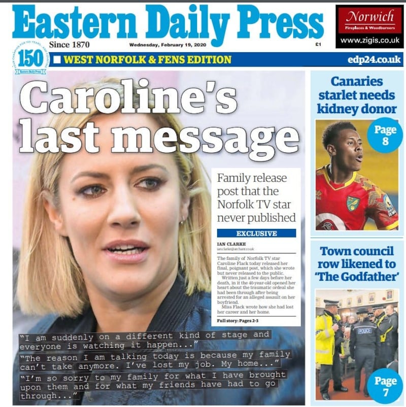 The front cover of the Eastern Daily Press newspaper