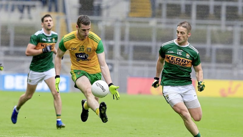 Caolan Ward is challenged by Stephen O&#39;Brien during Donegal&#39;s draw with Kerry. It was Ward&#39;s first championship game in Croke Park. Picture by Philip Walsh 