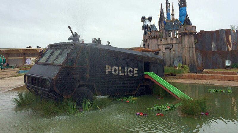 The riot vehicle on display at street artist Banksy&#39;s alternative theme park Dismaland 