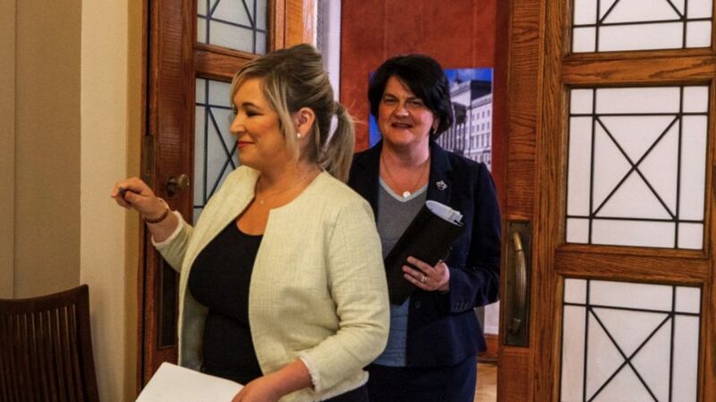 First Minster Arlene Foster (right) and Deputy First Minister Michelle O'Neill (left) after the Northern Ireland Executive press conference. Picture by Liam McBurney, Press Association