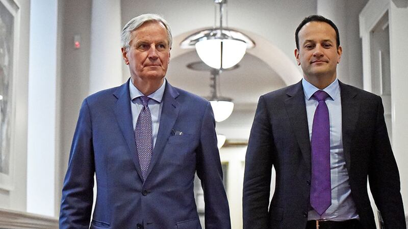Michel Barnier (left), the EU's chief Brexit negotiator, meets with Taoiseach Leo Varadkar at Government Buildings in Dublin for talks ahead of the European Council meeting on Wednesday&nbsp;