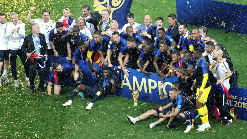 France celebrate with the trophy after winning the FIFA World Cup Final at the Luzhniki Stadium in Moscow&nbsp;