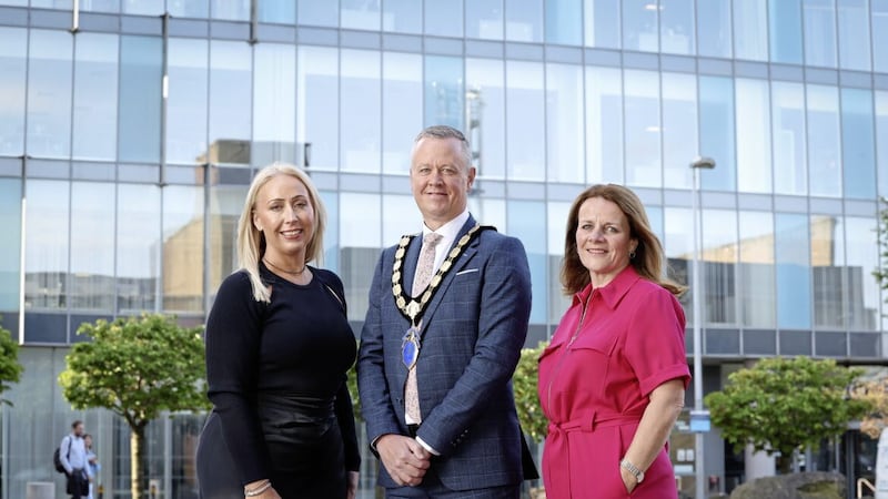 New NI Chamber president Cathal Geoghegan with incoming vice-president Cat McCusker (left) and immediate past president Gillian McAuley. Picture: Kelvin Boyes/PressEye 