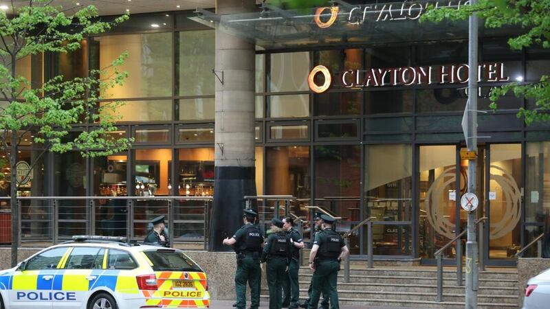 Police outside the Clayton Hotel in Belfast, scene of an alleged hostage drama 
