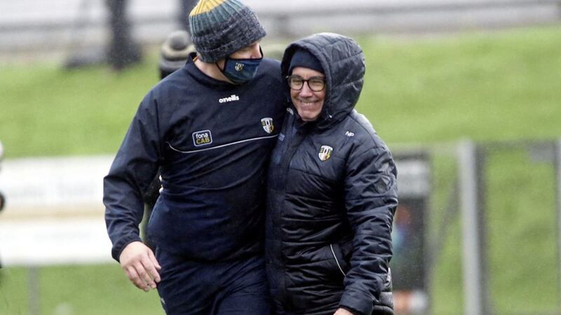 Antrim hurling manager Darren Gleeson (left) and Neil Peden  celebrate after a recent Joe McDonagh victory at Corrigan  Park, Belfast. Picture by Seamus Loughran.