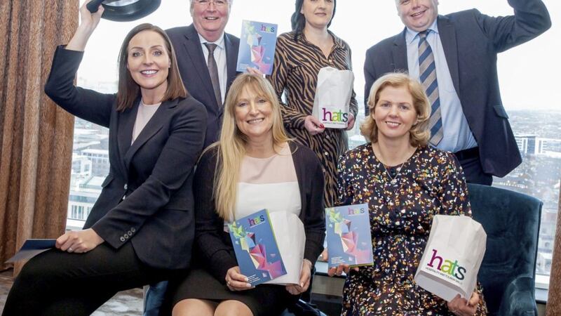 L-R (front): Marian McGreevy, Fitzwilliam Hotel; Judith Owens, Titanic Belfast; Roisin McKee, HATS project director. Back Row (L-R): Niall Casey, Invest NI; Vicky Green, Andras House Hotels; Ciaran O&#39;Neill, Bishop&rsquo;s Gate Hotel and HATS chairman. 