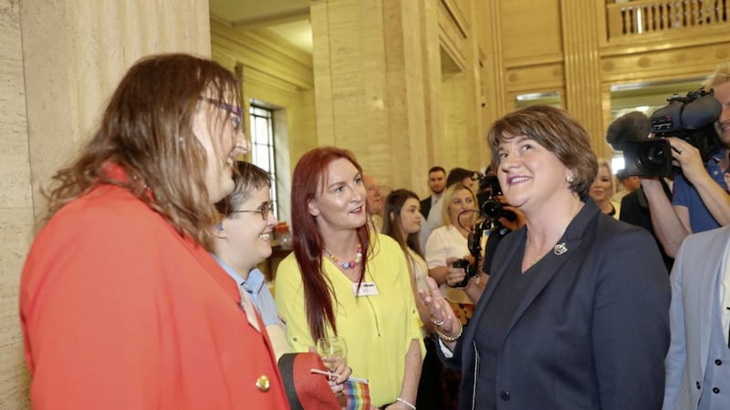 First Minister Arlene Foster meets member of the LGBT community, from left, Adrienne Elson, Michael Steven and Alisha Perry Picture by Declan Roughan 