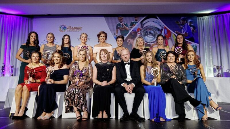 President of the Camogie Association Kathleen Woods and John Coffey of Liberty Insurance with all of the 2018 Soaring Stars Award winners at the gala awards night at the Citywest Hotel, Dublin. Picture by &copy;INPHO/Tommy Dickson 