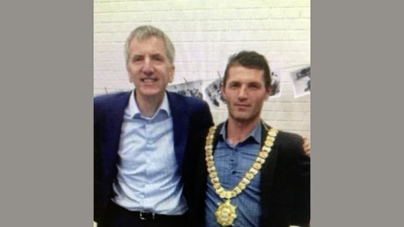 Sinn F&eacute;in MLA M&aacute;irt&iacute;n &Oacute; Muilleoir with Daniel Serban, who is pictured wearing the Lord Mayor of Belfast&#39;s chain of office 