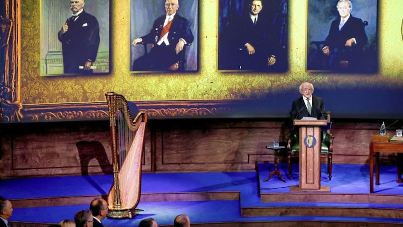 President of Ireland Michael D Higgins speaks at the ceremonial commemoration in the round room at the Mansion House in Dublin, for the centenary commemoration taking place to mark the inaugural public meeting of D&aacute;il &Eacute;ireann in 1919. Picture by Maxwells, Press Association