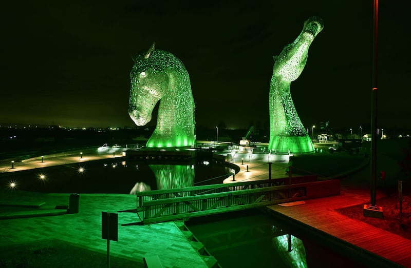 The Kelpies in Falkirk, Scotland, is lit green by Tourism Ireland to celebrate St Patrick's Day&nbsp;