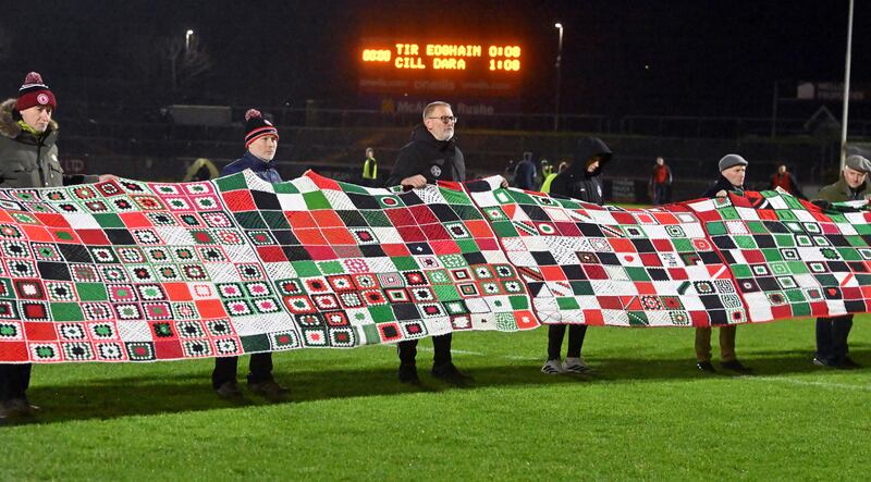 24th January  2026
A general view of Tyrone supporters in support  of Gaels against Genocide in GAZA  with their 50M blanket of remembrance on display at half time in protest at Allianz sponsorship of competition against Kildare in the Div 2 National Football league game at Healy Park, Omagh, Co. Tyrone . Picture Oliver McVeigh