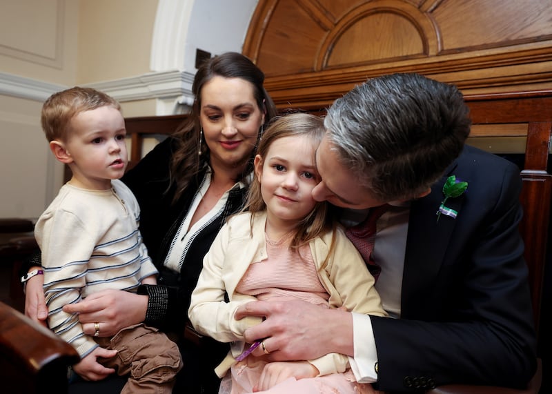 Taoiseach Simon Harris with his wife Caoimhe and children Cillian and Saoirse in the Dail Chamber