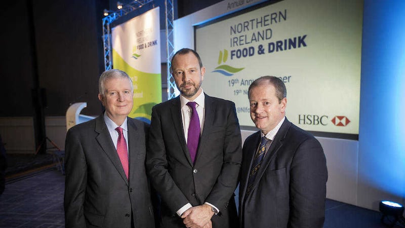 L-R Nifda Chair, Dr David Dobbin CBE; Tesco chief product officer, Jason Tarry; and head of food and agriculture UK for HSBC, Allan Wilkinson