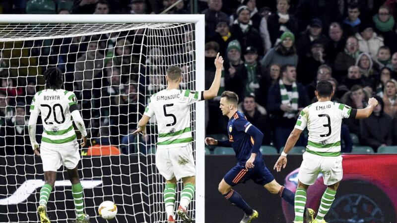 Valencia&#39;s Denis Cheryshev scores his side&#39;s first goal of the game in the 2-0 win over Celtic at Celtic Park 