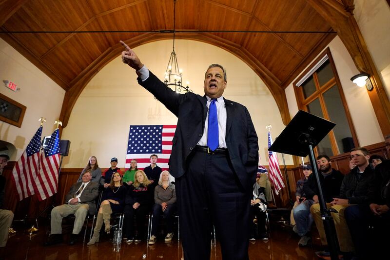 Former New Jersey governor Chris Christie addresses the town hall meeting in Windham, New Hampshire (Robert F Bukaty/AP)