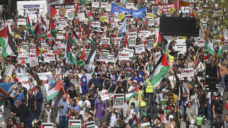 Tens of thousands of pro-Palestinian protesters marched through London on Saturday to call for a ceasefire in Gaza